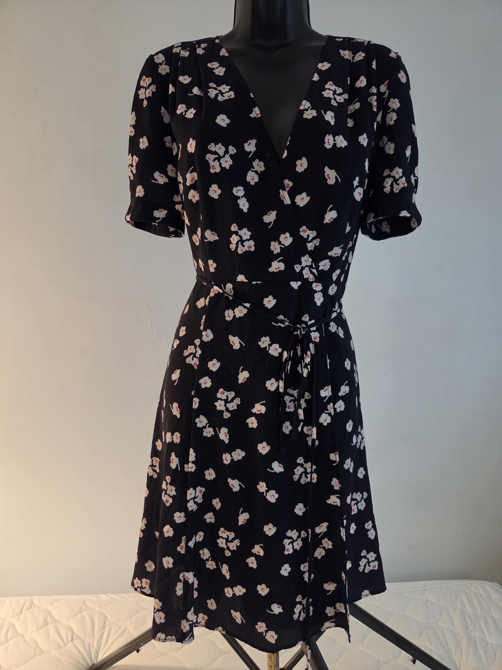 French Connection Black Wrap Midi Dress with Pink Floral Print